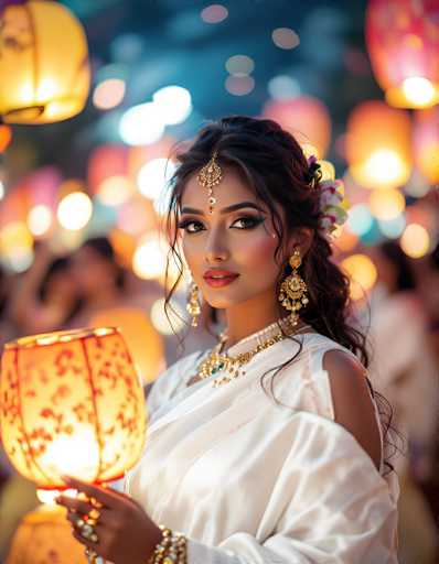 In this captivating photograph, a young woman of Indian descent stands gracefully, adorned in traditional attire. She wears a stunning white dress that elegantly drapes over her shoulder, complemented by a delicate pearl necklace and an ornate gold choker. Her long, dark hair is styled in a half-up, half-down fashion, with a beautiful flower clip adding a touch of natural beauty. Her makeup is meticulously applied, highlighting her expressive eyes and full lips.

A prominent feature of her attire is the intricate gold headpiece that rests on her forehead, extending down to her nose, adding an air of regality to her appearance. Her ears are adorned with large, dangling gold earrings that catch the light beautifully. She holds a glowing lantern in her hand, which casts a warm, inviting light around her. Her nails are painted a soft pink, and she wears multiple rings on her fingers, adding to her elegant ensemble.

The background is a blur of vibrant colors and lights, suggesting a festive atmosphere, possibly a wedding or a cultural celebration. The soft focus on the surroundings accentuates the woman's presence, making her the undeniable focal point of this enchanting scene.