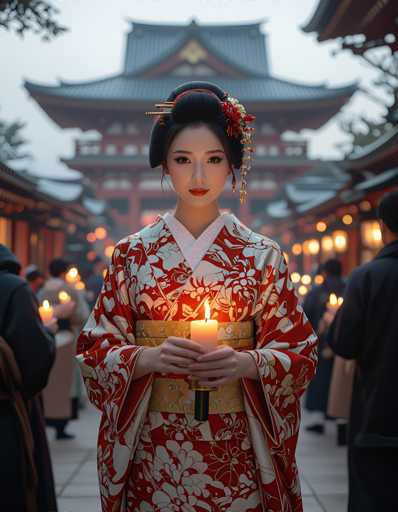 A woman wearing an ornate red and white kimono stands in front of a traditional Japanese temple with a black roof, holding a lit candle.