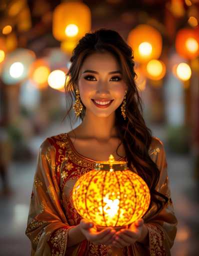 A young woman with long brown hair is holding a large orange lantern that has a white bird design on it. She is wearing a gold and red dress and earrings. The background features a blurred street scene with lights in the distance.