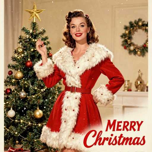 This vintage-style Christmas card features a festive scene with a woman dressed as Santa Claus. She stands in the center of the image, smiling warmly at the camera. Her outfit is a classic red dress adorned with white fur trim around the collar, wrists, and hem, and it is cinched at the waist with a red belt. Her shoulder-length, curly brown hair is styled in a 1950s fashion, and she wears bright red lipstick that complements her attire.

To her left, a beautifully decorated Christmas tree stands, adorned with gold and red ornaments and crowned with a large gold star. On the right side of the image, a white fireplace mantle is visible, topped with a festive green wreath embellished with gold and red ornaments. The bottom right corner of the card features the words "Merry Christmas" in bold red letters, adding to the holiday cheer. The overall composition and details evoke a nostalgic, mid-20th-century holiday atmosphere.