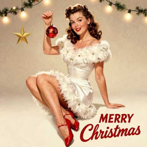 This vintage-style Christmas card features a festive scene with a woman dressed in a white, fluffy dress adorned with gold buttons and red high heels. She has long, curly brown hair and is holding a red Christmas ornament with a gold star in her right hand. The woman is seated on a white surface, with her left hand resting on the ground. Behind her, a string of pine branches with lights adds a cozy touch to the background. In the bottom right corner, the card is inscribed with "Merry Christmas" in red text. The overall color palette includes shades of red, white, gold, and green, enhancing the holiday spirit of the image.