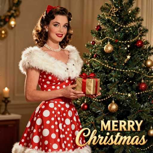 This vintage-style Christmas card features a festive scene with a woman standing beside a beautifully decorated Christmas tree. The woman, who has shoulder-length brown hair styled in soft curls, is adorned with a red bow in her hair and a pearl necklace. She is dressed in a striking red dress with white polka dots, featuring a fluffy white fur collar and matching fur trim at the hem. Her makeup includes red lipstick, and she holds a gold-wrapped gift box with a red ribbon and bow in her hands. The Christmas tree behind her is lush and green, adorned with gold and red ornaments, white lights, and a gold star at the top. The background includes a white wall and a brown table with a lit candle. In the bottom right corner of the image, the words "Merry Christmas" are written in gold, completing the festive holiday scene.