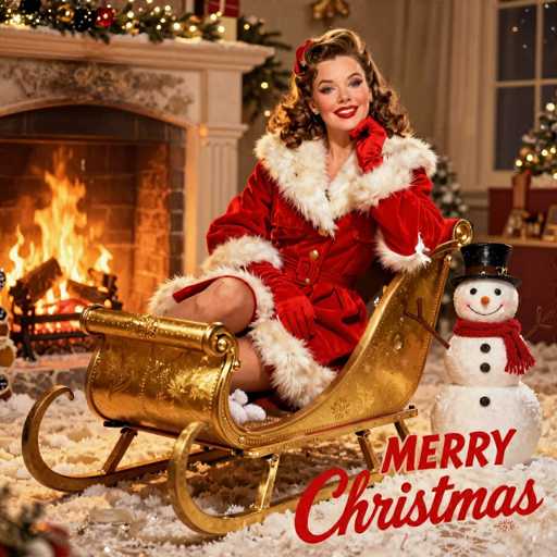 This vintage-style Christmas photograph features a young woman, likely in her 20s, dressed in a festive red coat with white fur trim and matching red gloves. She has long, curly brown hair adorned with a red ribbon and is smiling warmly at the camera. Seated on a golden sleigh, she appears to be in a cozy living room setting. The sleigh is positioned on a carpet designed to look like snow, and beside her is a cheerful snowman wearing a black top hat, a red scarf, and black buttons. In the background, a white fireplace with a burning fire is decorated with Christmas ornaments and garlands. To the right, a partially visible Christmas tree adds to the festive atmosphere. The bottom right corner of the image features the text "Merry Christmas" in red, with "Merry" in a standard font and "Christmas" in cursive. The overall scene exudes a nostalgic, holiday spirit reminiscent of the 1950s or 1960s.
