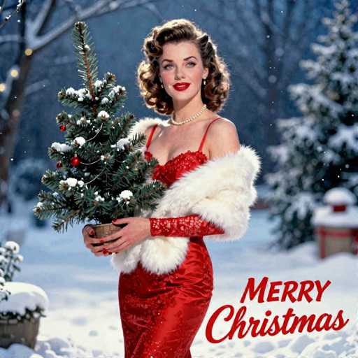 The image depicts a festive Christmas scene featuring a woman in a striking red dress adorned with a fur stole draped over her left shoulder. She has shoulder-length, curly brown hair styled in a vintage 1950s fashion, and she wears a pearl necklace and red lipstick. The woman is holding a small, green Christmas tree with red ornaments and white lights in her right hand, which is positioned to the left side of the image. Her nails are painted red, adding to the holiday theme. The background is a snowy landscape with several Christmas trees, some decorated with lights, and a snow-covered bench. In the bottom right corner, the words "Merry Christmas" are written in red, with "Merry" in a bold font and "Christmas" in cursive. The overall scene captures a nostalgic and festive holiday atmosphere.