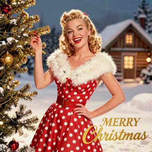 The image depicts a vintage Christmas scene featuring a smiling blonde woman with curly hair, dressed in a festive red dress adorned with white polka dots and a white fur collar. She accessorizes with a red belt and red nail polish, and her red lips complement her bright smile. The woman stands in front of a decorated Christmas tree, which is illuminated with white lights and adorned with red and gold ornaments. The background reveals a snowy landscape with a log cabin, its roof and windows glowing with warm light. The sky is dark, indicating it is nighttime. In the bottom right corner of the image, the words "Merry Christmas" are written in gold cursive. The overall composition suggests a nostalgic, possibly AI-generated or illustrated, holiday card.