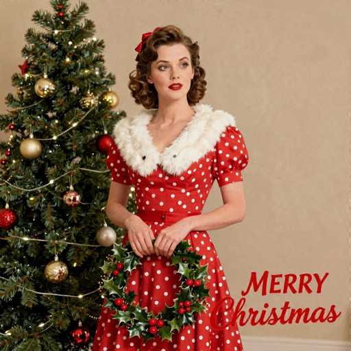 This image is a vintage-style Christmas card featuring a festive scene. On the left side, a beautifully decorated Christmas tree stands tall, adorned with gold and red ornaments, and twinkling lights. The tree's lush green branches are visible, adding to the holiday cheer. To the right of the tree, a woman stands gracefully, dressed in a striking red polka dot dress with white polka dots. The dress has short sleeves and a fluffy white fur collar that adds a touch of elegance. She holds a green wreath with red berries in her hands, and her brown hair is styled in soft curls, adorned with a red bow. The woman's red lipstick and the festive wreath she holds complement the overall holiday theme. In the bottom right corner of the image, the words "Merry Christmas" are written in red, completing this charming and nostalgic holiday card.
