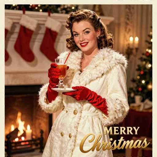 The image depicts a vintage Christmas scene, likely from the 1940s or 1950s, featuring a woman dressed in festive attire. She is wearing a white fur-trimmed coat with gold buttons and red gloves, complemented by red lipstick and curly brown hair. The woman is holding a white plate with a glass of what appears to be apple cider or beer, garnished with a red straw. In the background, a white fireplace adorned with four red stockings with white tops is visible, along with a lit fire and a candle. To the right, a partially visible Christmas tree is decorated with red and gold ornaments. The bottom right corner of the image displays the text "Merry Christmas," with "Merry" in gold and "Christmas" in cursive. The overall scene is warm and festive, capturing the essence of a traditional Christmas celebration.