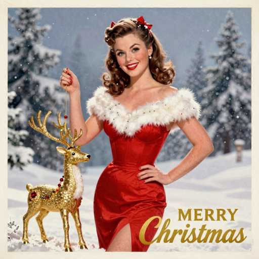 This vintage-style Christmas card features a festive scene set against a snowy backdrop. In the foreground, a woman with long, curly brown hair adorned with a red ribbon stands confidently. She is dressed in a striking red dress with a high slit on the right side, revealing her leg. The dress is accentuated with white fur trim around the neckline and shoulders, adding a touch of elegance. Her red lipstick and bright smile complement her festive attire. In her right hand, she holds a golden reindeer ornament, which is decorated with red and green beads, and a red ball dangles from a string. The reindeer's antlers are gold, and its chest is white, adding to the holiday charm. The background showcases a serene winter landscape with snow-covered pine trees and a light blue sky. In the bottom right corner, the words "Merry Christmas" are written in gold, completing the holiday greeting.
