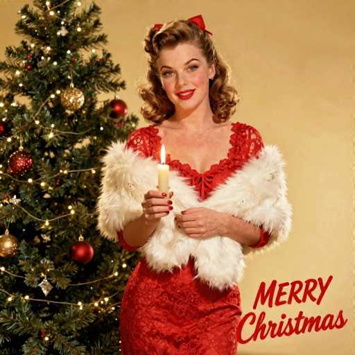 This vintage-style Christmas card features a festive scene with a beautifully decorated Christmas tree on the left side. The tree is adorned with red and gold ornaments, twinkling white lights, and a star on top. To the right of the tree stands a woman with light brown, curly hair styled in a 1950s fashion. She is wearing a red lace dress with a white fur stole draped over her shoulders and a red bow in her hair. Her red lipstick and painted nails add to her glamorous look. The woman is holding a lit white candle in her right hand, while her left hand rests on her stomach. The background of the card is a warm beige color, and in the bottom right corner, the words "Merry Christmas" are written in red cursive. The overall image exudes a nostalgic holiday spirit, reminiscent of the 1950s.