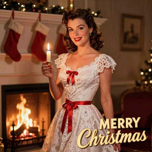 The image depicts a vintage Christmas scene featuring a woman dressed in a white lace dress with red accents. She has brown hair styled in curls and is wearing red lipstick. The woman is holding a lit candle in her right hand, which is adorned with red nail polish. In the background, there is a white fireplace with a black frame, decorated with three red and white stockings hanging from it. The fireplace is lit, adding to the cozy ambiance. To the right of the woman, a partially visible Christmas tree adorned with white lights can be seen. The wall behind her is white, and there is a red chair with gold trim in the background. In the bottom right corner of the image, the text "Merry Christmas" is written in gold, with "Merry" in all capital letters and "Christmas" in cursive.