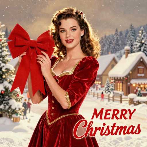 This image is a detailed, vintage-style Christmas card illustration featuring a young woman in her 20s. She has long, curly brown hair adorned with a red and white flower and is wearing a red velvet dress with gold trim, reminiscent of a Victorian-era Christmas outfit. The dress has a V-neckline, short sleeves with gold cuffs, and a gold belt. She is holding a large red gift box with a matching red bow in her right hand, while her left hand, which sports a gold ring, is raised to her chest. Her makeup includes red lipstick, and she has blue eyes. The background depicts a snowy Christmas village with brown houses, snow-covered roofs, and a prominent Christmas tree on the left side. The scene is set against a backdrop of snow-covered ground and a gray sky, with people walking around the village. In the bottom right corner, the card is labeled "Merry Christmas" in red text, with "Merry" in a standard font and "Christmas" in cursive.