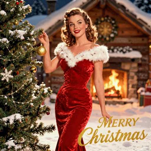 This vintage Christmas card features a festive scene with a woman dressed in a classic red velvet dress adorned with white fur trim around the shoulders. She has curly brown hair and is wearing red lipstick, her eyes gazing off to the left. The woman is standing in front of a decorated Christmas tree, which is partially visible on the left side of the image. The tree is adorned with gold ornaments and snow, adding to the holiday atmosphere. In the background, a cozy log cabin with a stone fireplace is visible, with snow-covered logs and a wreath above the mantle. The cabin's roof is blanketed in snow, and the ground around it is also covered in a layer of snow. In the bottom right corner of the card, the words "Merry Christmas" are written in elegant gold cursive. The overall scene captures the warmth and charm of the holiday season.