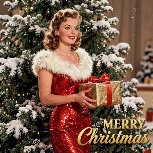 The image is a vintage Christmas card featuring a festive scene. In the foreground, a woman with curly brown hair, styled in a 1950s fashion, stands smiling. She is wearing a red sequined dress with a white fur collar and holding a gold gift box adorned with a red ribbon. The background showcases a large, snow-covered Christmas tree, adding to the holiday atmosphere. The card is bordered by a brown frame, and in the bottom right corner, the words "Merry Christmas" are written in gold cursive lettering. The overall composition evokes a nostalgic, mid-20th-century holiday spirit.