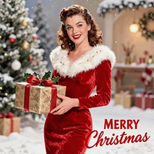 The image depicts a festive Christmas scene featuring a woman dressed in a classic red velvet Santa Claus outfit, complete with white fur trim around the neckline. She has curly brown hair styled in a vintage 1950s fashion and is smiling warmly at the camera. In her hands, she holds a tan gift box adorned with a red ribbon and bow. The background is slightly blurred but reveals a Christmas tree decorated with red, gold, and white ornaments, as well as other wrapped presents scattered on the snow-covered ground. To the right of the woman, the words "Merry Christmas" are prominently displayed in red, with "Merry" in a bold, all-caps font and "Christmas" in a cursive style. The overall ambiance suggests a nostalgic, holiday-themed setting, possibly from a Christmas movie or an old advertisement.