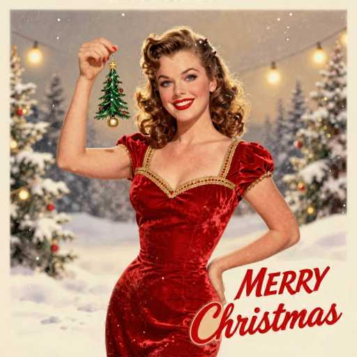 This image features a vintage-style Christmas card with a festive scene. In the foreground, a woman with curly brown hair and blue eyes is smiling warmly. She is dressed in a red dress adorned with gold trim and is holding a small, green Christmas tree with a star on top in her right hand. Her left hand rests on her hip, and she has red nail polish on her fingers. The background is a snowy landscape with several Christmas trees, some of which are decorated with red and gold ornaments and lights. The sky is gray, adding to the wintry atmosphere. In the bottom right corner of the image, the words "Merry Christmas" are written in red, with "Merry" in a standard font and "Christmas" in cursive. The overall scene captures the essence of a classic holiday greeting card.