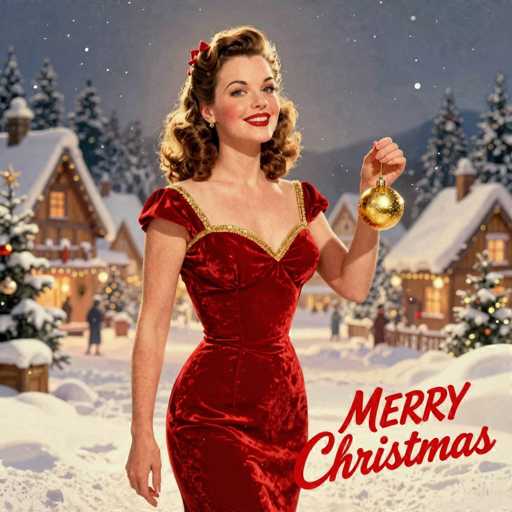 This image is a vintage-style Christmas card featuring a festive scene. In the bottom right corner, "Merry Christmas" is written in red cursive text. The central figure is a woman with curly brown hair adorned with a red ribbon, wearing a red dress with gold trim and short sleeves. She is holding a golden Christmas ornament in her left hand, which is raised. The background depicts a snowy village with houses, Christmas trees, and people dressed in winter attire. Snowflakes are gently falling from the sky, adding to the festive atmosphere.