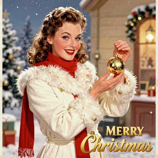 This image is a vintage-style Christmas card featuring a cheerful woman standing in a snowy outdoor setting. The woman, who has curly brown hair and is wearing red lipstick, is dressed in a white fur coat with a red scarf and gold buttons. She is holding a golden Christmas ornament with a snowflake design in her left hand. The background showcases a blurred Christmas tree on the left and a house with a wreath on the right. Snowflakes are gently falling, adding to the festive atmosphere. In the bottom right corner, the card is adorned with the gold text "Merry Christmas."