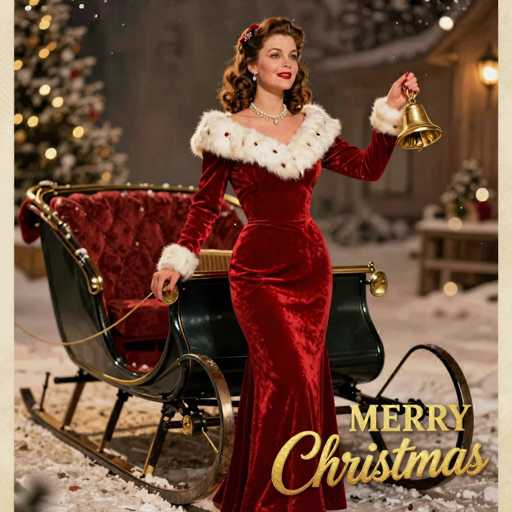 In this festive Christmas scene, a woman stands gracefully in the center of a snowy landscape. She is adorned in a long, red velvet dress with white fur trim around the neckline and wrists, exuding elegance. Her shoulder-length, curly brown hair is styled with a red and white hair clip, and she wears a pearl necklace and red lipstick, adding to her vintage charm. In her left hand, she holds a golden bell, while her right hand grasps the golden reins of a small sleigh. The sleigh, positioned to her left, features a black base with a red velvet interior and a gold trim. Behind her, a Christmas tree adorned with white and red ornaments and twinkling lights stands to the left, while a brown building with a glowing lantern is visible to the right. The ground is blanketed in snow, enhancing the holiday atmosphere. In the bottom right corner of the image, the words "Merry Christmas" are written in gold cursive, completing this picturesque holiday card.