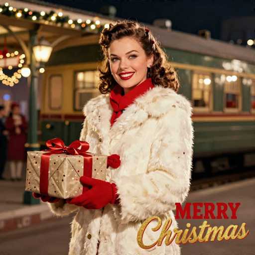 The image depicts a vintage Christmas scene, likely from the 1940s or 1950s, featuring a smiling woman with curly brown hair adorned with red barrettes. She is dressed in a white fur coat, a red scarf, and red gloves, holding a wrapped gift with a red bow. The gift is wrapped in gold paper with red and black polka dots. The woman stands on a platform beside a green and yellow train, with a green pole and a light fixture visible behind her. The background includes a blurred view of the train and a few people, adding to the nostalgic atmosphere. In the bottom right corner of the image, the words "Merry Christmas" are displayed, with "Merry" in red and "Christmas" in gold.
