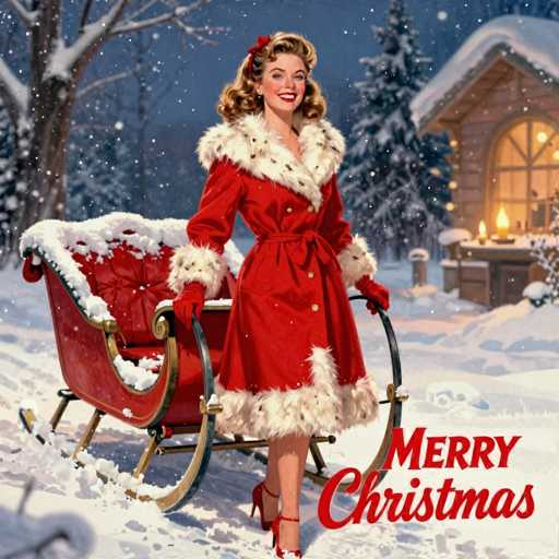 This image is a vintage-style Christmas card illustration, reminiscent of the 1950s. It features a young woman with blonde hair styled in a 1950s fashion, adorned with a red ribbon. She is dressed in a striking red fur coat with white fur trim around the collar, cuffs, and hem, paired with red gloves and red high-heeled shoes. The woman is smiling warmly at the camera while holding a red sleigh with gold trim and black handles. The sleigh is positioned on a snowy ground, with a backdrop of snow-covered pine trees and a cozy log cabin. The cabin's large arched window is illuminated, casting a warm glow, and there are two candles on a table outside the window. In the bottom right corner of the image, the words "Merry Christmas" are written in red cursive. The overall scene captures a nostalgic and festive holiday atmosphere.