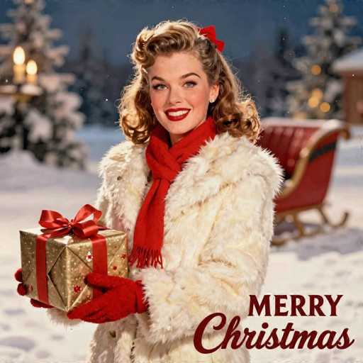 This image appears to be a vintage Christmas card featuring a smiling woman with light brown, curly hair adorned with a red bow. She is dressed in a white fur coat, a red scarf, and red gloves, holding a gold-wrapped present with a red ribbon. The background is a snowy, nighttime scene with a slightly blurred red sleigh and a few trees, one of which has a candle. In the bottom right corner, the card reads "Merry Christmas" in red text, with "Merry" in a standard font and "Christmas" in cursive. The overall composition and festive elements suggest it is a nostalgic holiday greeting.