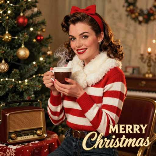 In this festive holiday scene, a woman is seated in front of a beautifully decorated Christmas tree adorned with gold and red ornaments. She is wearing a cozy red and white striped sweater with a fuzzy white collar, paired with blue jeans and a brown belt. Her brown hair is styled in curls, and she sports a red headband with a bow. She is smiling warmly at the camera, holding a steaming cup of hot chocolate. To her left, there is an old-fashioned red and gold radio, and to her right, a brown chair with gold trim. The background features a white wall and a brown dresser with a gold handle, topped with a candelabra. In the bottom right corner of the image, the words "Merry Christmas" are written in gold. The overall ambiance is warm and inviting, perfectly capturing the spirit of the holiday season.