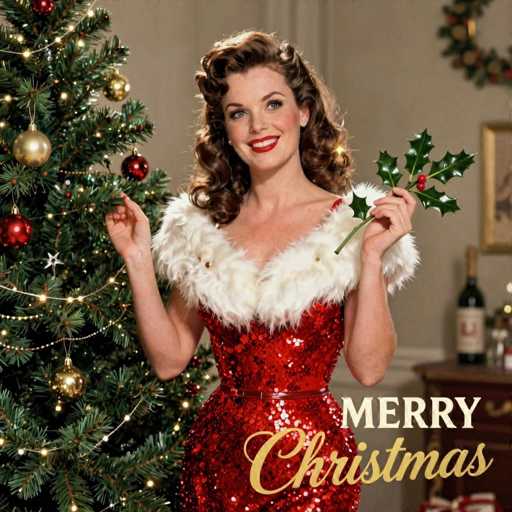 In this festive Christmas image, a woman stands in front of a beautifully decorated Christmas tree, which is adorned with red and gold ornaments and twinkling lights. The tree is positioned on the left side of the image, adding a warm holiday ambiance. The woman, who has long, curly brown hair styled in a vintage 1950s fashion, is wearing a striking red sequined dress with a white fur collar. She holds a sprig of holly in her left hand, while her right hand is raised, as if she is about to pluck a ornament from the tree. Her bright red lipstick and rosy cheeks complement her radiant smile, and she gazes slightly to the left. In the background, a white wall features a wreath and a partially visible gold-framed picture. Below the picture, a brown table holds a bottle of wine and a couple of other items. At the bottom right corner of the image, the words "Merry Christmas" are displayed, with "Merry" in white and "Christmas" in gold cursive. The overall scene captures the joy and elegance of the holiday season.
