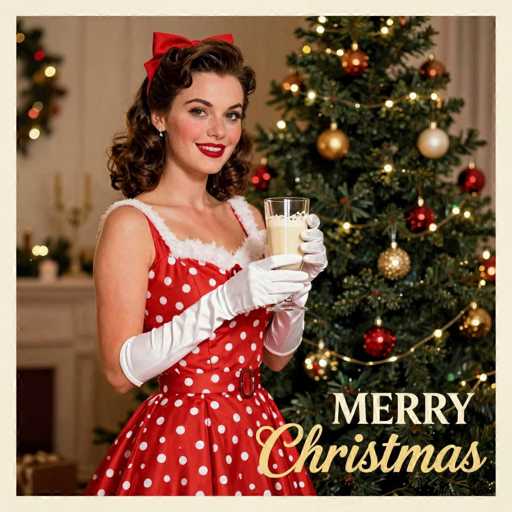 This vintage-style Christmas card features a festive scene with a woman dressed in a classic 1950s holiday outfit. She wears a red dress adorned with white polka dots and a matching red belt, complemented by long white gloves that extend to her elbows. Her ensemble is completed with a red bow in her hair and red lipstick. The woman, who has brown hair and is holding a glass of eggnog, stands in front of a beautifully decorated Christmas tree. The tree is adorned with gold and red ornaments, white lights, and a gold star on top. In the background, a white fireplace with a mantle decorated with candles and a candle holder adds to the cozy holiday atmosphere. The card is bordered in white, and in the bottom right corner, the words "Merry Christmas" are written, with "Merry" in white and "Christmas" in gold cursive.