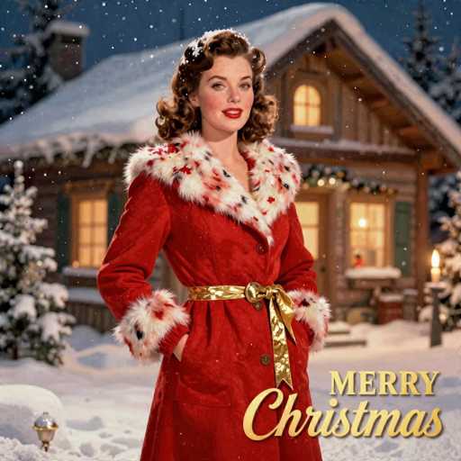 The image depicts a festive Christmas scene featuring a woman dressed in a classic Santa Claus outfit. She stands in front of a cozy log cabin, which is adorned with Christmas decorations and has a warm light glowing from within. The woman, who has curly brown hair and is wearing red lipstick, is dressed in a long red coat with white fur trim on the collar, wrists, and bottom. The coat is cinched at the waist with a gold belt. She is smiling warmly at the camera. The ground is covered in snow, and snowflakes are gently falling, adding to the wintry atmosphere. In the bottom right corner of the image, the words "Merry Christmas" are written in gold. The overall scene evokes a sense of holiday cheer and warmth.