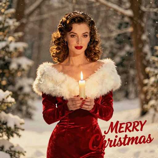 The image depicts a vintage-style Christmas card featuring a woman in a festive setting. The woman, with curly brown hair adorned with a small crown of white flowers, is dressed in a red velvet dress with a fluffy white fur collar. She holds a lit white candle in her hands, which are decorated with red nail polish and a ring on her left ring finger. Her lips are painted a vibrant red, and she wears earrings. The background is a snowy winter scene with snow-covered trees, creating a serene and festive atmosphere. In the bottom right corner, the card is inscribed with "Merry Christmas" in red cursive text.