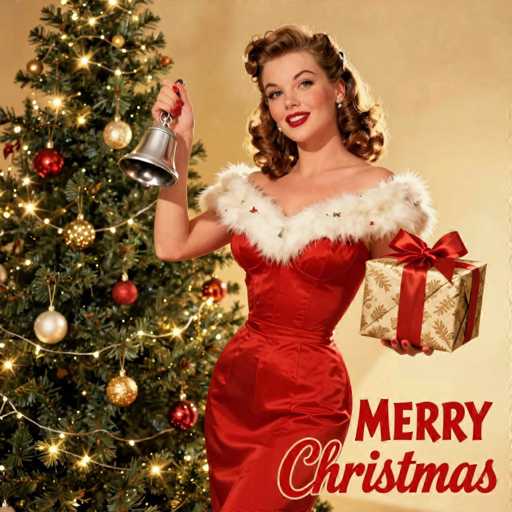 The image features a beautiful woman dressed in a red dress, standing next to a Christmas tree. She is holding a bell and a gift box, which appears to be wrapped with a ribbon. The scene captures the festive spirit of the holiday season, as indicated by the presence of the Christmas tree behind her.