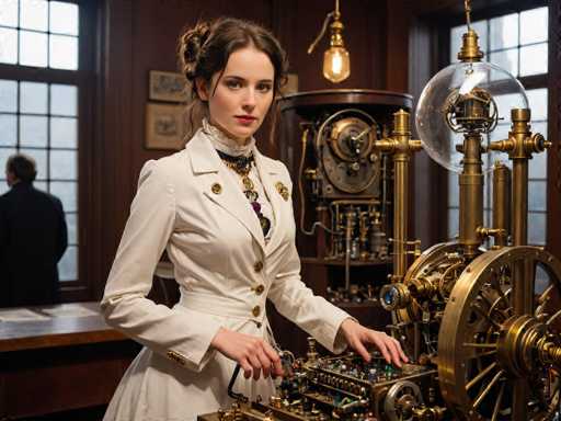 In this detailed photograph, a woman stands at the center of a vintage, steampunk-inspired workshop. She is dressed in a white, double-breasted jacket adorned with gold buttons, a high collar, and a black choker. Her brown hair is styled in an updo with a single strand framing her face, and she wears red lipstick. The woman is engaged with a complex machine featuring numerous brass gears, dials, and wires, suggesting she might be an inventor or scientist. The workshop around her is richly detailed, with dark wooden walls and large windows that allow natural light to flood the space. A desk with papers sits to her left, and a man in a black suit stands with his back to the camera, facing the windows. The room is illuminated by a hanging light bulb, adding to the vintage ambiance.
