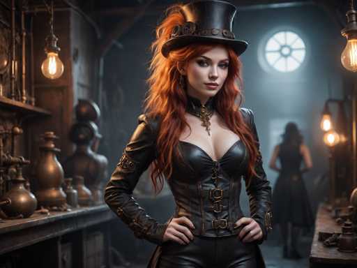 A captivating image of a steampunk-inspired woman in a dimly lit, cluttered workshop. She's the focal point, positioned centrally and looking directly at the viewer with a confident gaze. Her attire is a stylish black leather ensemble, featuring a fitted corset-style top with intricate metal detailing and long sleeves. She wears a tall black top hat adorned with decorative elements, and her vibrant red hair cascades around her shoulders. 

The background is a dimly lit workshop with various steampunk-themed objects, including glass bottles, brass pipes, and mechanical devices. A soft, hazy light source illuminates the scene from behind, creating a sense of depth and mystery. Another woman is partially visible in the background, adding to the overall atmosphere of a bustling workshop. The image has a slightly vintage aesthetic, with a focus on intricate details and textures.