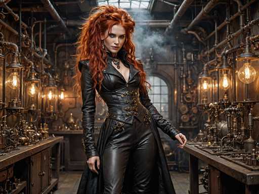 The image depicts a striking woman with long, wavy red hair, styled in a high ponytail with loose strands framing her face. She has fair skin and is adorned with a large, ornate necklace featuring a prominent gemstone. Her attire is a form-fitting, black leather outfit that includes a corset-like top with a plunging neckline, long sleeves, and a flowing cape. The outfit is detailed with numerous buckles and clasps, giving it a steampunk aesthetic. She stands in a dimly lit, industrial-style workshop filled with wooden workbenches, brass and copper tools, and hanging light fixtures. The room is illuminated by natural light streaming through a skylight, casting a smoky, ethereal glow around her. She gazes directly at the camera with a serious expression, her right hand resting on her hip and her left arm hanging by her side.