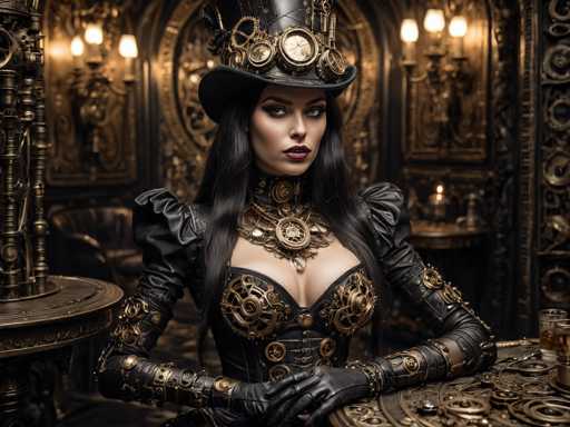 The image depicts a woman in a steampunk-inspired outfit, seated at a table in a dimly lit, ornate room. She is wearing a tall black top hat adorned with gears and clocks, and her long black hair cascades down to her chest. Her attire includes a black corset with gold and bronze gears, puffy black sleeves, and black leather gloves. She has dark red lipstick and is looking directly at the camera. The room around her is richly decorated with gold accents, intricate carvings, and numerous gears, giving it a luxurious and mysterious ambiance. The background is blurred, but you can make out a chandelier, a mirror, and a table with a glass of amber liquid, possibly whiskey. The overall scene is dark and moody, with the woman's striking appearance and the ornate surroundings creating a captivating and enigmatic atmosphere.