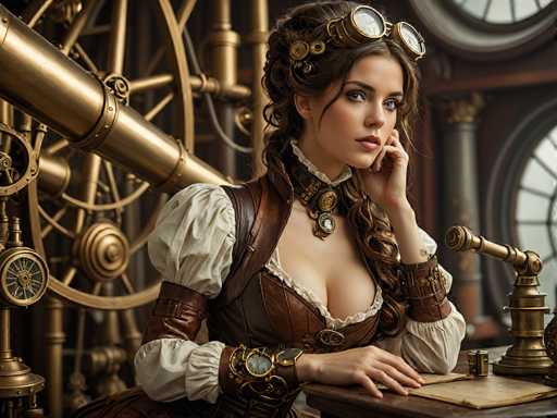 The image portrays a young woman, likely in her 20s, with long brown hair styled in a braid that drapes over her left shoulder. She is adorned with steampunk accessories, including a pair of brass-colored goggles perched atop her head and a leather corset-like top with puffy white sleeves. Her attire is accentuated by leather straps around her elbows and a choker necklace with a pendant. The woman is seated at a wooden desk, her left hand resting on the surface while her right hand supports her chin, giving her a contemplative expression. She gazes slightly to the right, her blue eyes visible. The background features a large brass telescope with intricate gears and wheels, suggesting a setting reminiscent of a scientific laboratory or observatory. The overall scene is rich with steampunk elements, emphasizing the blend of Victorian-era fashion and mechanical innovation.