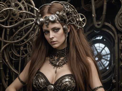 The image depicts a woman with long, reddish-brown hair, styled in a futuristic, steampunk-inspired outfit. She is adorned with an elaborate headpiece featuring numerous gears, cogs, and metal components, including a prominent magnifying glass on the left side. Her attire includes a metallic, bronze-colored bra and a matching choker necklace, both intricately designed with industrial elements. She also wears metal armbands on both arms. The woman's makeup is heavy, with dark eyeshadow and lipstick, enhancing her serious expression. The background is filled with an array of metallic pipes, tubes, and gears, contributing to the overall steampunk aesthetic. The scene is dimly lit, with a light source illuminating her face, adding to the dramatic effect.