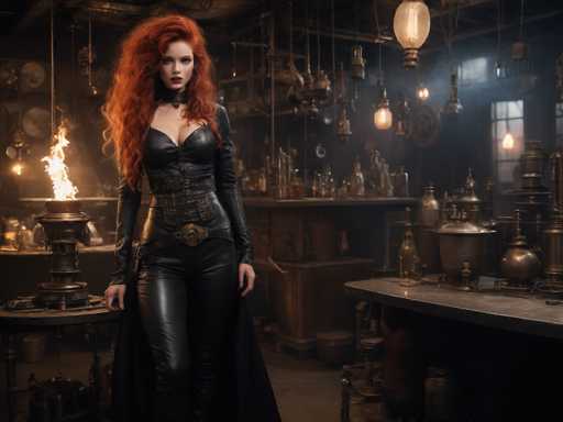 In this captivating image, a woman with strikingly long, wavy red hair stands confidently in a dimly lit room. Her hair cascades down to her waist, framing her face and adding a dramatic flair to her appearance. She is dressed in a sleek, black leather outfit that accentuates her figure, featuring a low-cut top that reveals a hint of cleavage. Around her neck, she wears a choker, adding an element of edginess to her ensemble. A long black cape drapes elegantly from her shoulders, extending down to the floor.

The room around her is filled with an array of intriguing objects that suggest a setting of mystery and adventure. To her left, a table holds several items, including a prominent metal pot with flames leaping from its top, casting an eerie glow. Behind her, a bar is stocked with various bottles, hinting at a hidden collection of spirits. The walls are adorned with an assortment of hanging objects, possibly including more bottles, which contribute to the room's enigmatic atmosphere. The overall ambiance is dark and moody, with the light from the burning pot providing the primary illumination, creating a scene that is both captivating and slightly ominous.