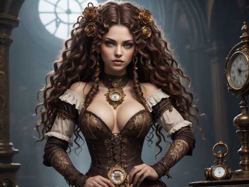 The image depicts a highly detailed, computer-generated portrayal of a young woman, likely in her early 20s, with long, wavy brown hair adorned with gold roses. She has striking blue eyes and is wearing a corset-style dress that is brown with gold accents, laced up the front. The dress features white sleeves that extend to her elbows, and she has brown gloves on her hands. A notable accessory is a choker with a clock in the center, complemented by another clock on her corset. Her pose is confident, with her hands on her hips, and she gazes directly at the viewer. The background suggests a church-like setting, with a large circular window and a column visible on the left. To her right, there is a table holding a large clock and a smaller timepiece, possibly a stopwatch. The overall scene is rich in detail, emphasizing the intricate design of her attire and accessories.