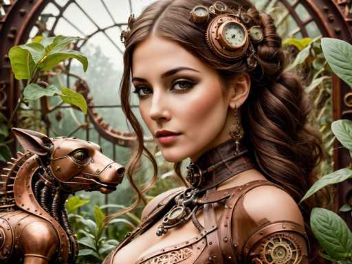 The image depicts a highly detailed, computer-generated scene of a young woman, likely in her early 20s, with long brown hair styled in an intricate updo. She has striking green eyes and is adorned with elaborate, steampunk-inspired accessories, including a leather choker with gears and a pendant, and a matching leather bodice. Her hair is decorated with various clock faces, compasses, and other metallic embellishments, enhancing the steampunk aesthetic. She is posed in a three-quarter view, looking directly at the viewer with a serious expression.

To her left stands a small, metallic dog, also in a steampunk style, with visible gears and a green eye. The background features a large, ornate window with a metal frame, through which a misty, foggy forest is visible, adding to the ethereal atmosphere of the scene. The overall color palette is dominated by shades of brown, bronze, and green, contributing to the vintage, mechanical feel of the image.