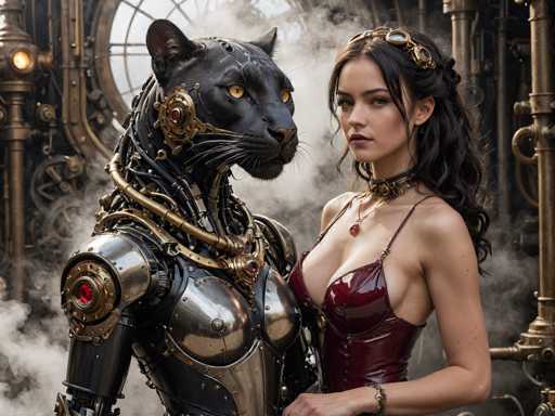 The image shows a woman wearing a red dress and gold jewelry standing next to a robot with a black and gold design on its chest. The robot has a large headpiece that resembles the eyes of a panther or a leopard. The background is filled with smoke from pipes, suggesting an industrial setting.