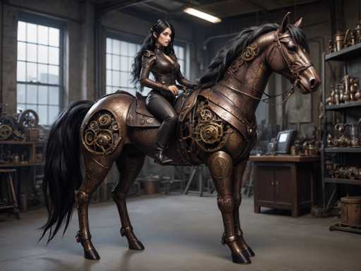 The image depicts a highly detailed, computer-generated scene of a woman riding a mechanical horse inside a workshop. The horse, which appears to be made of bronze or copper, features intricate gears and mechanical components integrated into its body, giving it a steampunk aesthetic. The woman, who has long black hair and is dressed in a black leather outfit with matching boots, sits confidently on a black saddle. She has a fair complexion and is looking directly at the camera. The workshop setting is filled with various tools, pots, pans, and wooden furniture, including a desk and shelves on the right side. The floor is gray, and the room is illuminated by natural light streaming through windows on the left side, as well as a fluorescent light fixture on the ceiling. The overall scene is rich in detail, blending elements of fantasy and industrial design.