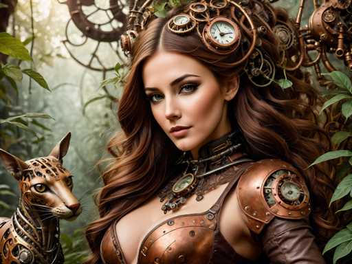 The image portrays a highly detailed, computer-generated scene of a young woman with long, wavy brown hair adorned with intricate clockwork and gears. She has striking blue eyes and is dressed in a steampunk-inspired outfit, featuring a copper-colored breastplate with visible rivets and a leather-like material. Her attire includes a choker with a clock face and shoulder pads that reveal mechanical components. The woman is positioned centrally, gazing directly at the viewer. To her left stands a mechanical animal, possibly a fox or cat, with a copper and gold color scheme, yellow eyes, and a grid-like pattern on its head. The background is a lush, green forest with sunlight filtering through the trees, adding a natural contrast to the mechanical elements in the foreground. The overall aesthetic blends fantasy and steampunk elements, creating a visually captivating and intricate composition.
