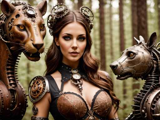 A woman is standing in front of a forest with two mechanical animals on either side of her. The woman is wearing a steampunk-inspired outfit that includes a corset and a headdress adorned with gears and other metallic elements.