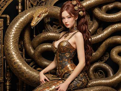 The image depicts a young woman, possibly of Asian descent, with long, wavy auburn hair adorned with gold jewelry. She is seated on a golden, intricately designed snake that coils around her and extends into the background. The woman is wearing a form-fitting, sleeveless dress that combines black and gold hues, featuring a corset-like top and a skirt with gold accents. Her attire and the snake suggest a theme reminiscent of Medusa or a Grecian mythological figure. The background is dark, highlighting the golden elements and the woman's striking appearance. She gazes directly at the camera with a serious expression, her hands resting on her lap. The overall composition and details evoke a sense of ancient mythology brought to life.