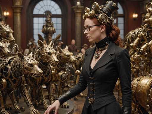 A woman wearing a black dress and a gold headpiece stands in front of a group of golden mechanical animals, including a lion, tiger, and dragon statue.