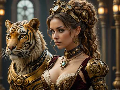 The image depicts a young woman, possibly in her early 20s, with long brown hair styled in an elaborate updo. She is adorned with a gold crown featuring clock faces and other intricate designs. Her attire includes a burgundy velvet dress with gold accents, a choker necklace with a turquoise gem, and matching earrings. The dress has a low-cut neckline, revealing some cleavage. She is standing next to a tiger, which is also dressed in gold armor, including a chest plate and neck piece. The tiger's head is turned to the left, while the woman faces forward, looking slightly to the left. The background is blurred but appears to be a grand, castle-like setting with gold columns and a window, suggesting a regal or medieval atmosphere.