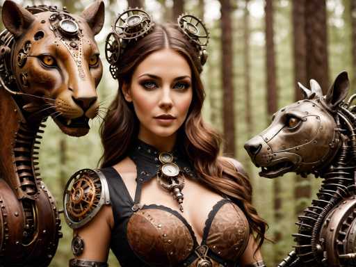 In this captivating image, a woman stands at the center, exuding an aura of mystique and allure. She is adorned in a striking outfit that combines elements of leather and metal, with a brown leather bra accentuated by black trim. Her ensemble is further embellished with intricate metal gears and clockwork designs, adding a steampunk flair to her attire. A black leather choker with a prominent gear and a central clock graces her neck, enhancing the mechanical aesthetic.

Her long, flowing brown hair cascades down, framing her face and partially covering her chest. She gazes directly at the camera with a serious expression, her eyes wide open and her lips closed, adding to the enigmatic atmosphere. Her makeup is bold, with dark eyeshadow and lipstick that highlights her features.

Flanking her on both sides are two majestic, metallic animals. To her left stands a golden-brown tiger, its eyes glowing with an orange hue. The tiger's face is adorned with various gears, particularly around its forehead and eyes, giving it a mechanical yet lifelike appearance. On her right is a similarly designed metallic dog, also with orange eyes and intricate gearwork around its face.

The background is a blurred forest, with tall trees creating a sense of depth and mystery. The overall composition of the image, with its detailed and fantastical elements, evokes a sense of otherworldliness and adventure.