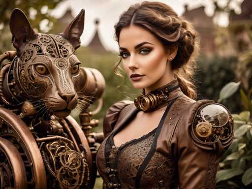 In this captivating image, a woman and a robotic cat stand side by side, both adorned in intricate steampunk attire. The woman, positioned on the right, exudes a striking presence with her long brown hair styled in a braid that drapes over her shoulder. She wears a brown leather dress featuring a corset top and elaborate shoulder pads, both embellished with golden gears and clockwork mechanisms. Her ensemble is completed by a choker necklace with a prominent gear at its center. Her makeup is bold, with dark red lipstick and smoky eye makeup, enhancing her steampunk aesthetic.

To her left stands a robotic cat, crafted from a bronze-like metal. The feline's head is adorned with intricate gears and clockwork, while its body is a complex assembly of gears, pipes, and mechanical components. The cat's eyes are a vivid orange, adding a lifelike touch to its otherwise metallic appearance. Both figures gaze directly at the camera, creating a powerful and enigmatic scene that blends the organic with the mechanical in a visually stunning manner.