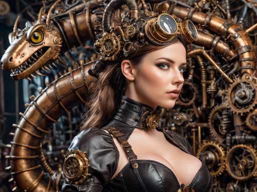The image depicts a highly detailed, computer-generated scene of a woman standing in front of a complex machine. She is dressed in a black leather corset with straps that go over her shoulders, and her outfit includes a high collar adorned with a gold medallion. Her long brown hair flows down her back, and she wears a pair of steampunk-style goggles perched on her forehead. The woman has striking blue eyes and is looking directly at the viewer.

Behind her, the machine is a marvel of intricate brass and gold gears, pipes, and tubes, some of which are coiled and resemble the neck of a dragon. This dragon-like structure extends from the right side of the image, curving around the woman and up to the left, with its head positioned near the top left corner. The dragon's head features a large yellow eye with a black pupil, and its mouth is open, revealing sharp teeth. The entire scene is set against a dark background, emphasizing the detailed and futuristic steampunk aesthetic.